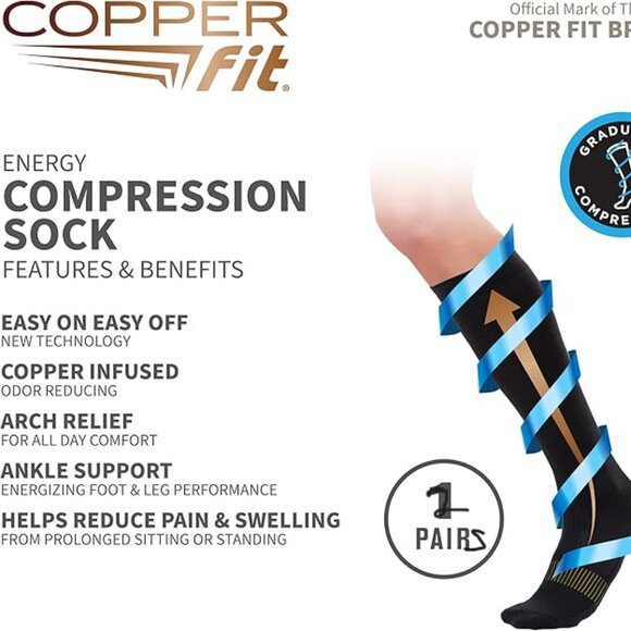 Copper Fit Unisex Easy On/Off Energy Compression Socks Black Color 2 Pair Bundle - Picture 1 of 5